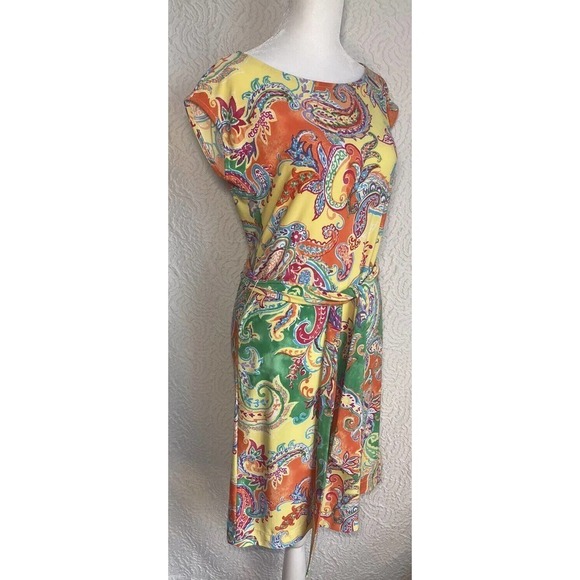RALPH LAUREN Stretch Paisley Midi Short Sleeve Colorful Dress Size Petite Small - Picture 5 of 9